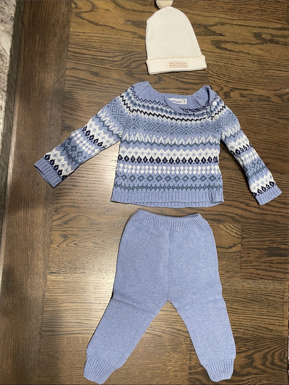Mi Lucero Blue Fair Isle Knit Sweater & Pants Set with TBBC hat